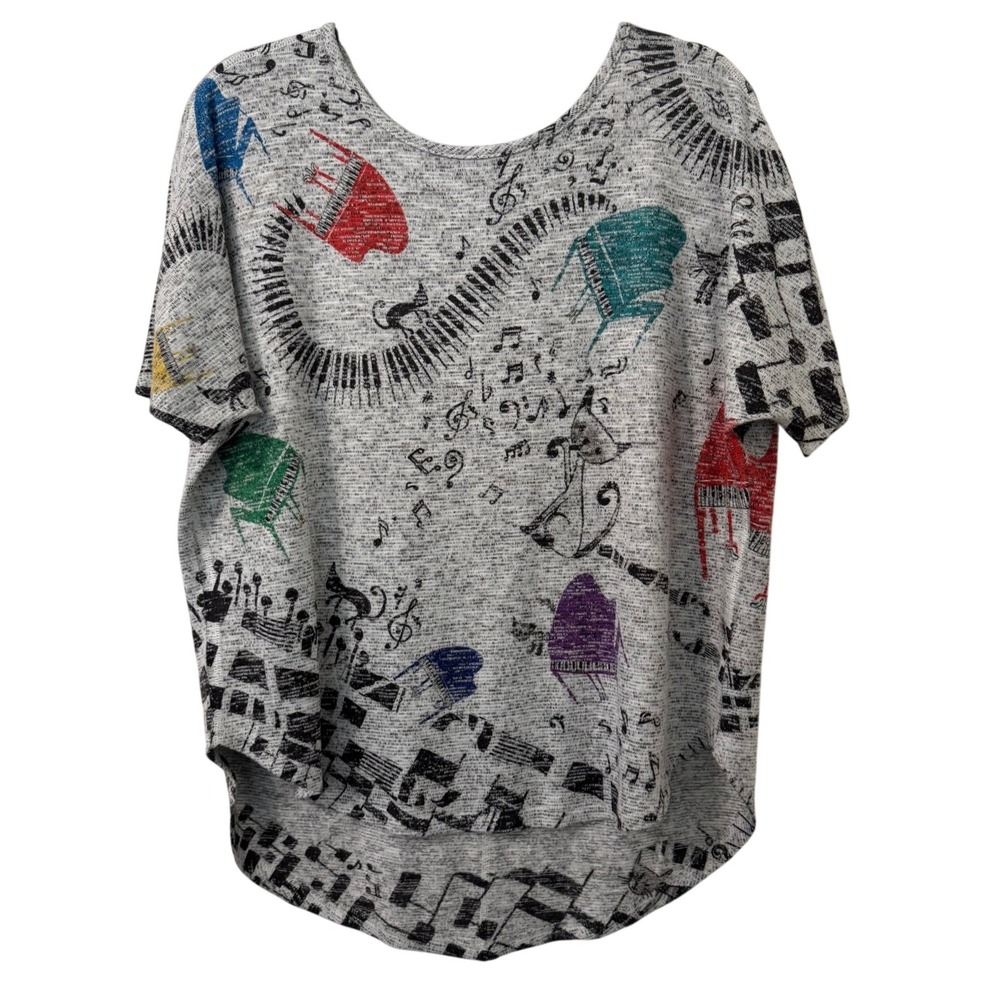 Inoah Top Womens M Gray‎ Music Piano Cat AOP High Low Artsy Lagenlook Maximalist